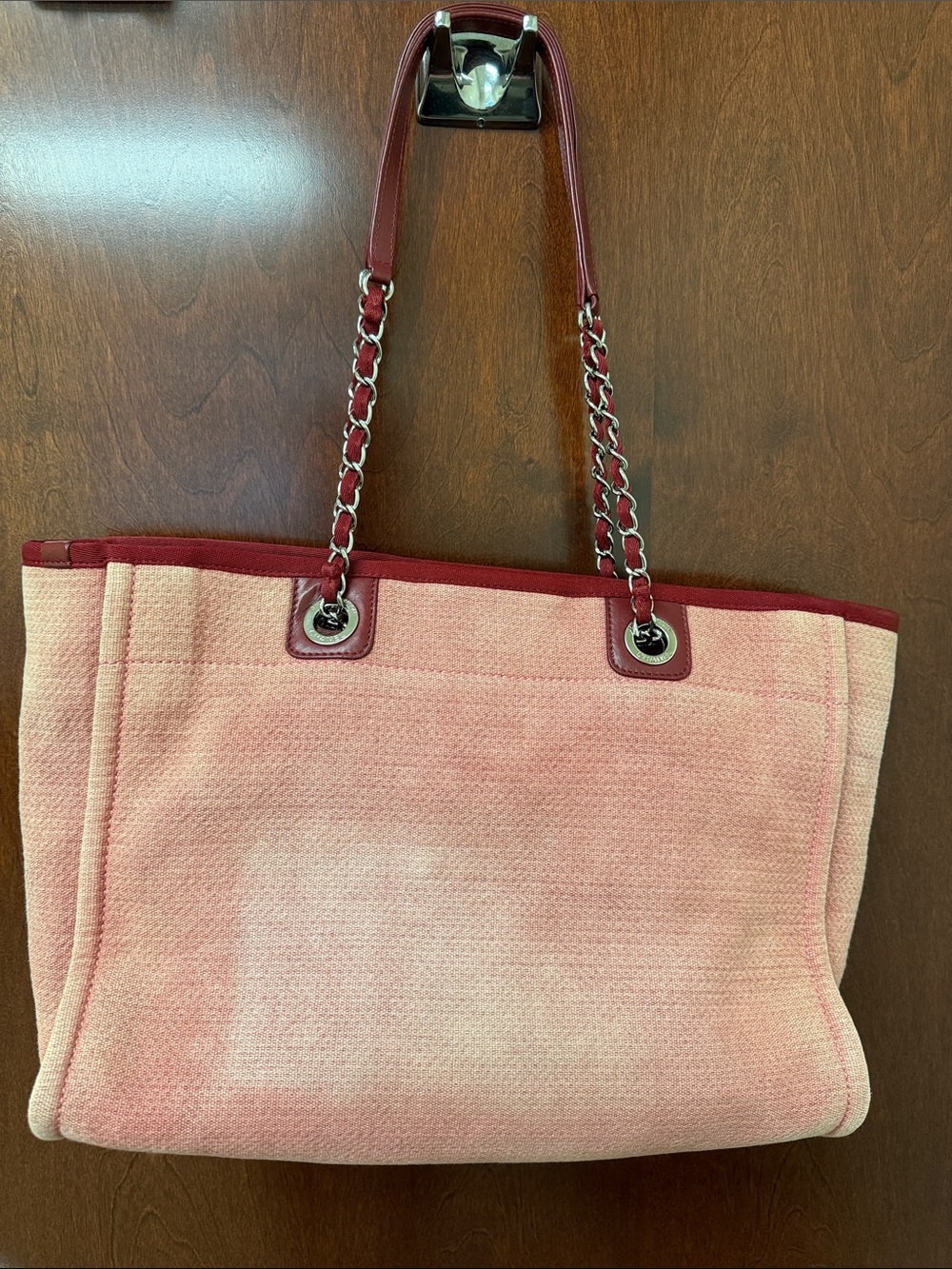 CHANEL Pink Canvas Tote with Burgundy Trim and Chain Handles - Picture 2 of 15